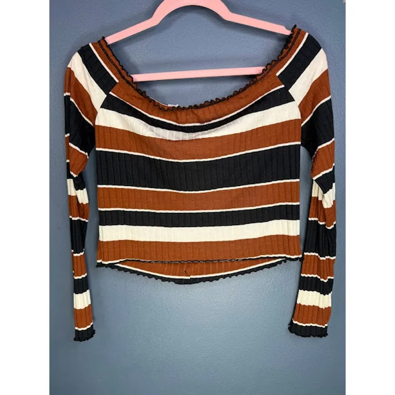 Me to We Top Women's Size Large Long Sleeve Crop Top Striped Boho Western Wear - Image 2