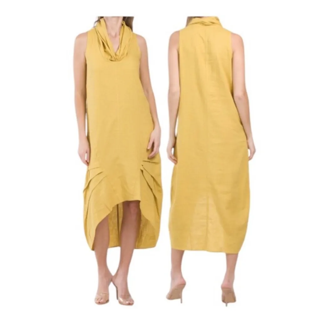 For Cynthia Chartreuse Cowl Neck High Low Linen Blend Dress Size XS - Image 2