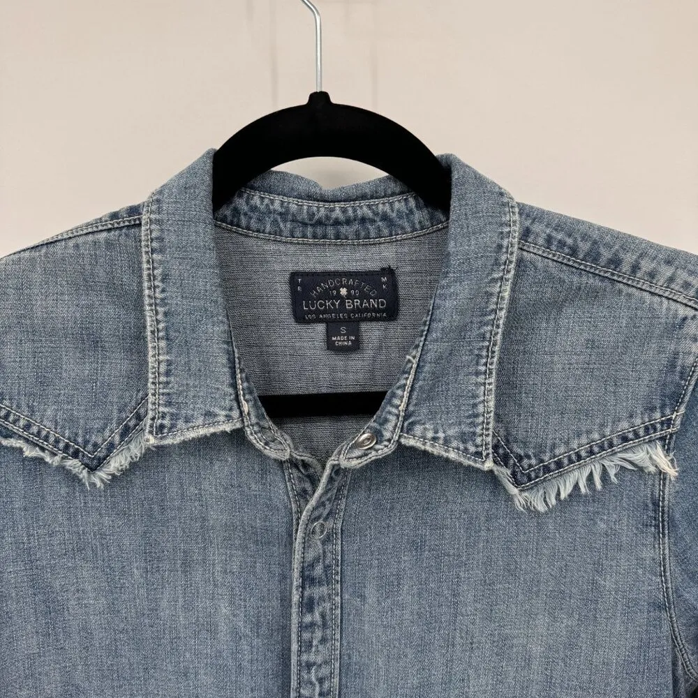 Lucky Brand Denim Shirt Dress Womens Small Blue Cotton Snap Front Pockets Fringe - Image 3