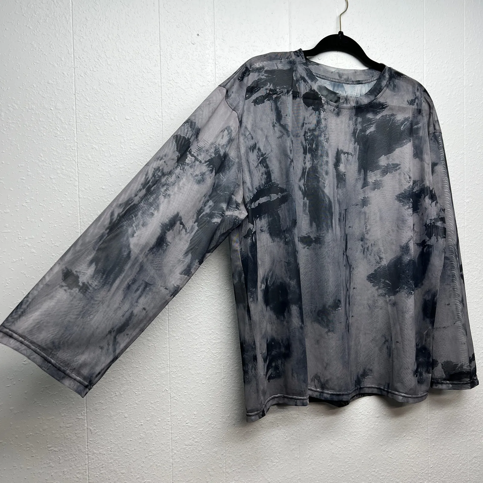 Womens Mesh Tie Dye Top Womens XL Wide Sleeve Whimsigoth Grunge Y2K Coquette Gray - Image 4