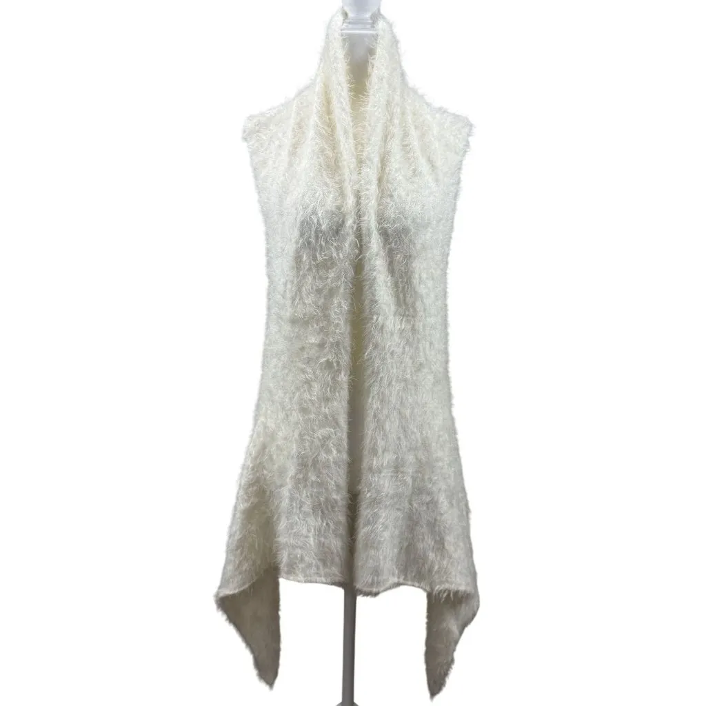 escio Size L Long Knit Vest Ivory With Crochet Back Panel & Asymmetric Hem White Size L - Image 3