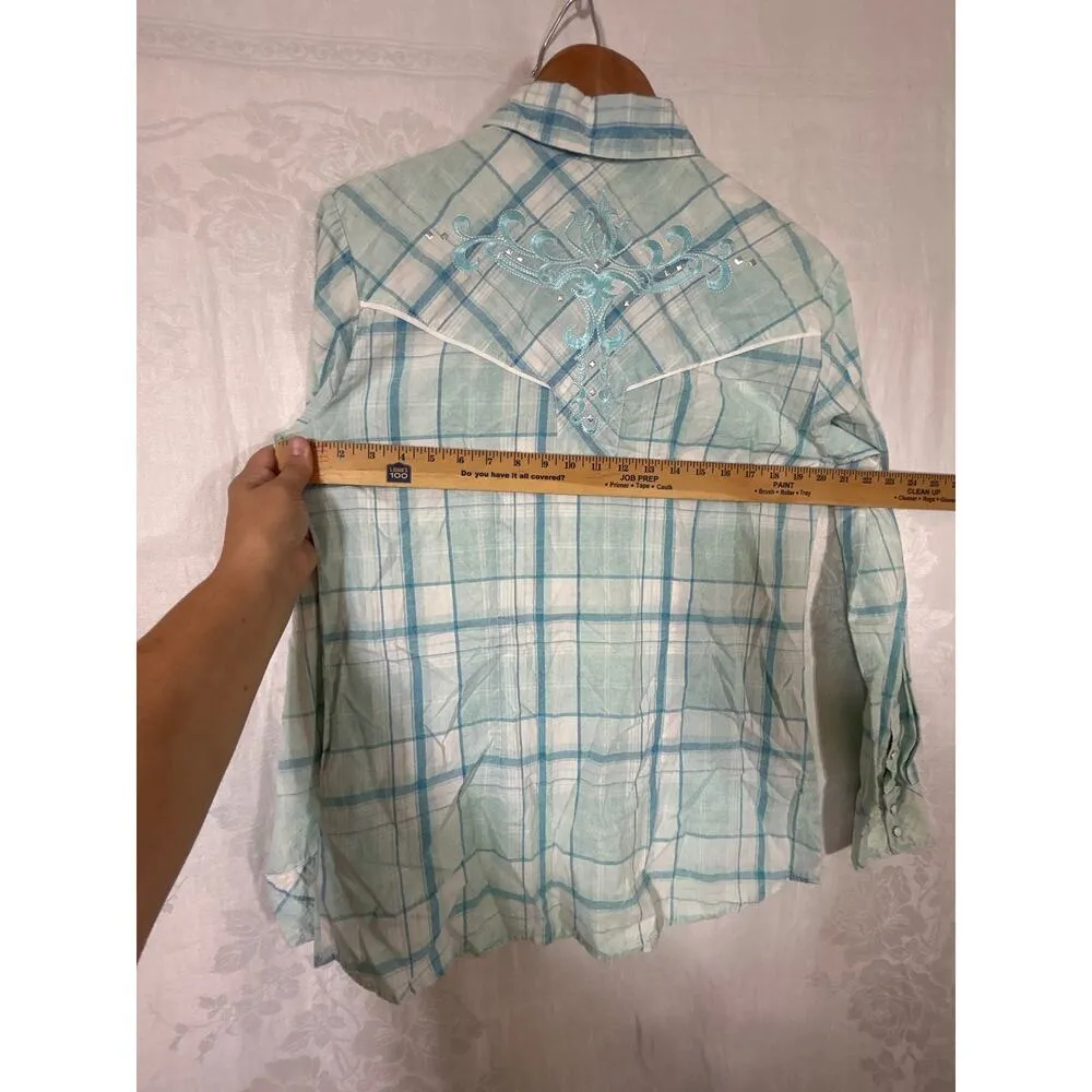 Cowgirl Up Pearl Snap Large NEW Blue Plaid Embroidered Studded Western - Image 11