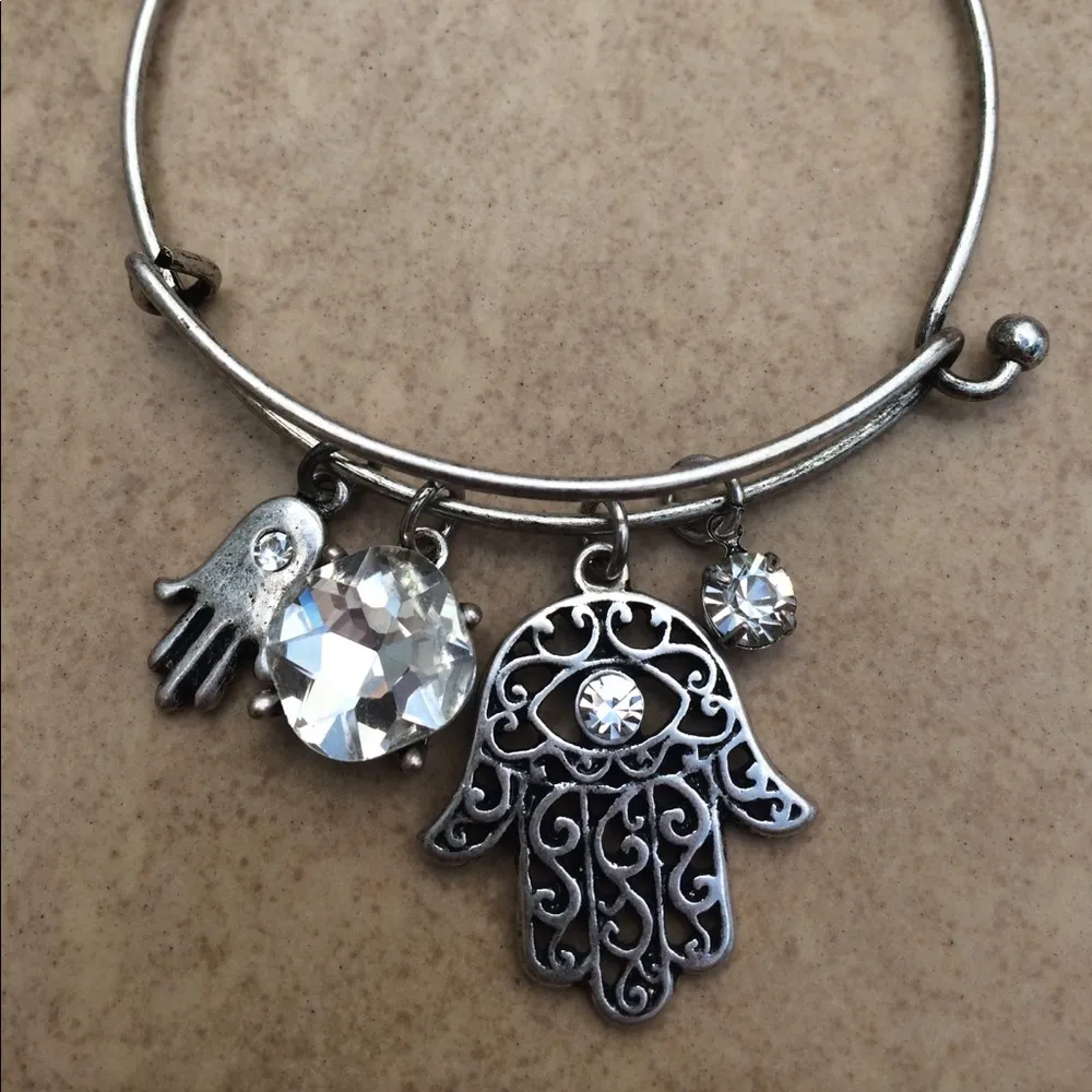 Silver Tone Crystal Hamsa Hand Of God Charm Bangle Bracelet - Image 2