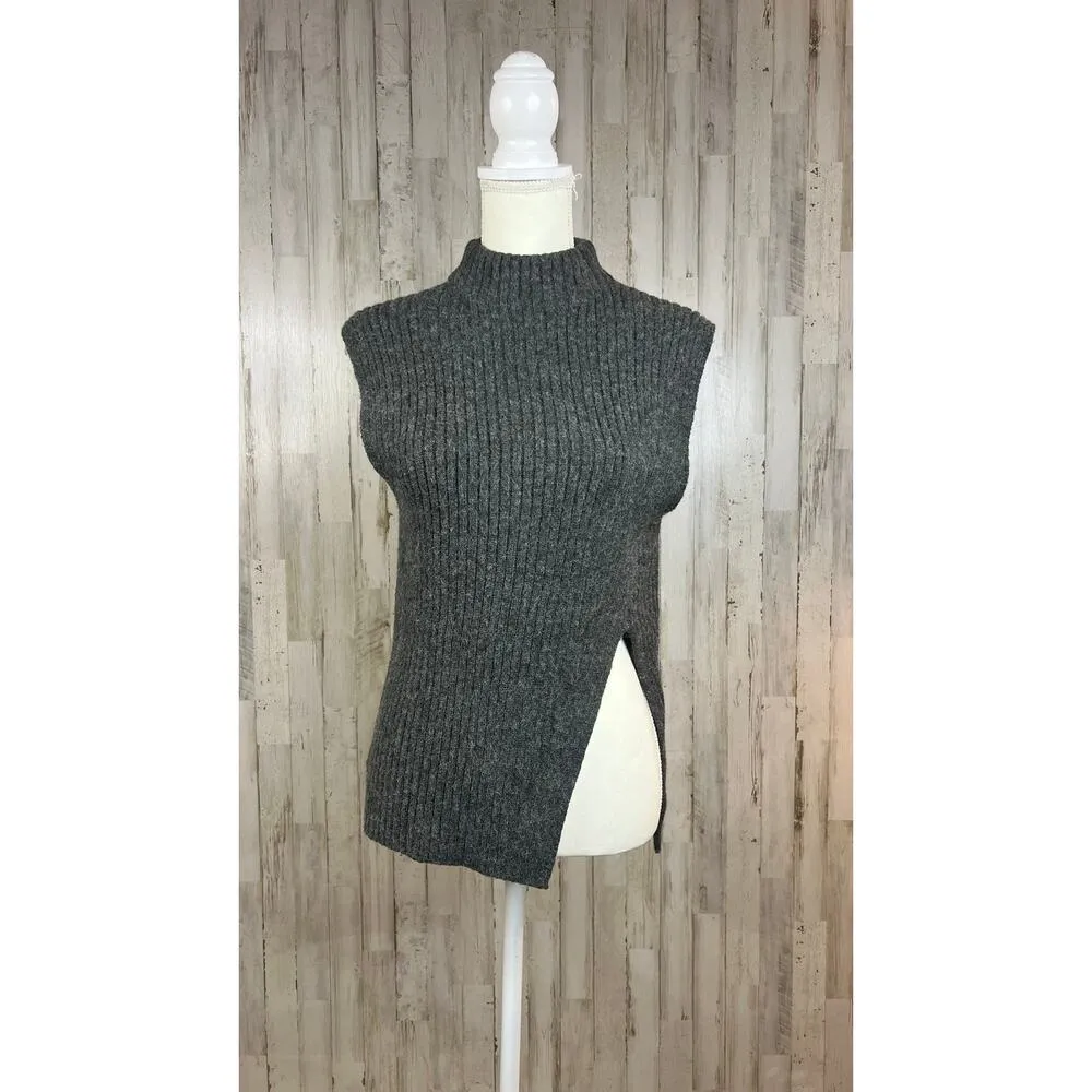 MNG Women's Small Dark Gray Sleeveless Ribbed Tunic Sweater High Neck Side Slits - Image 2