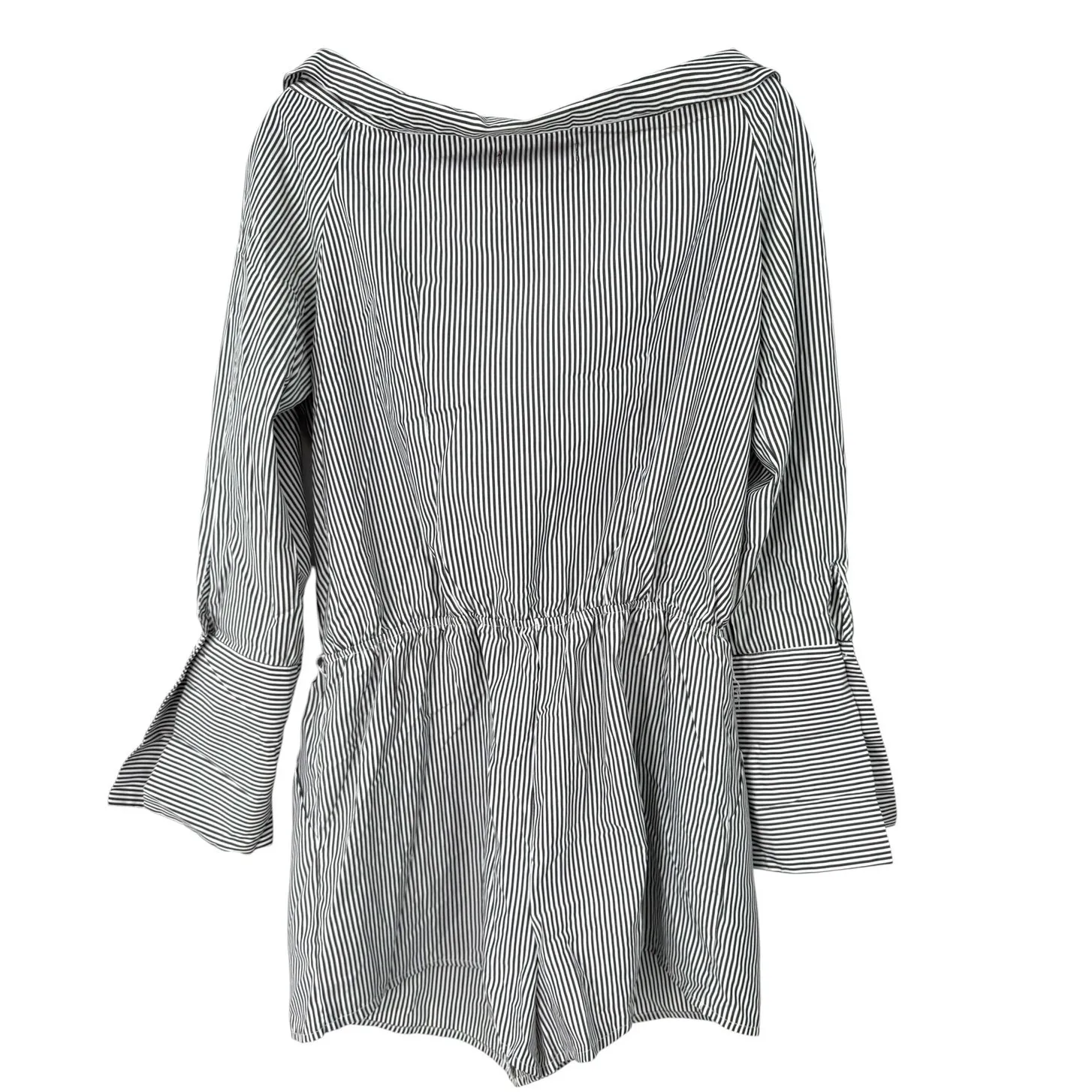 SAKS FIFTH AVENUE L Romper Short Set Off Shoulder Top PinStripe Button Up Down - Image 3