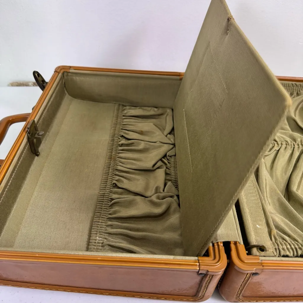 Samsonite Vintage Luggage Train Case 1940s USA Shwayder Bros Leather Look Deco Tan - Image 14