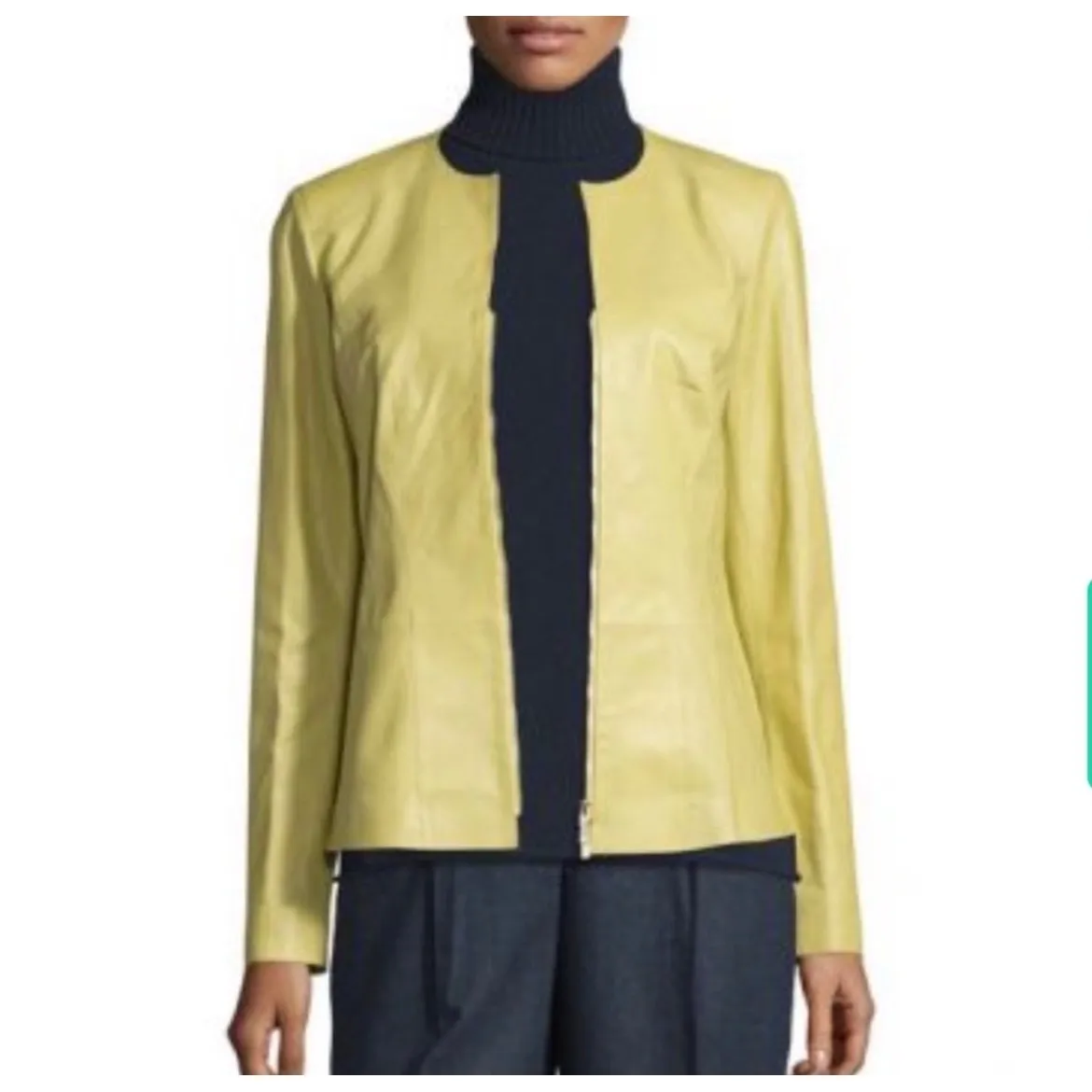 Lafayette 148 New York Maris Lambskin Jacket Sz 0 Yellow Fitted Zip Front READ - Image 8