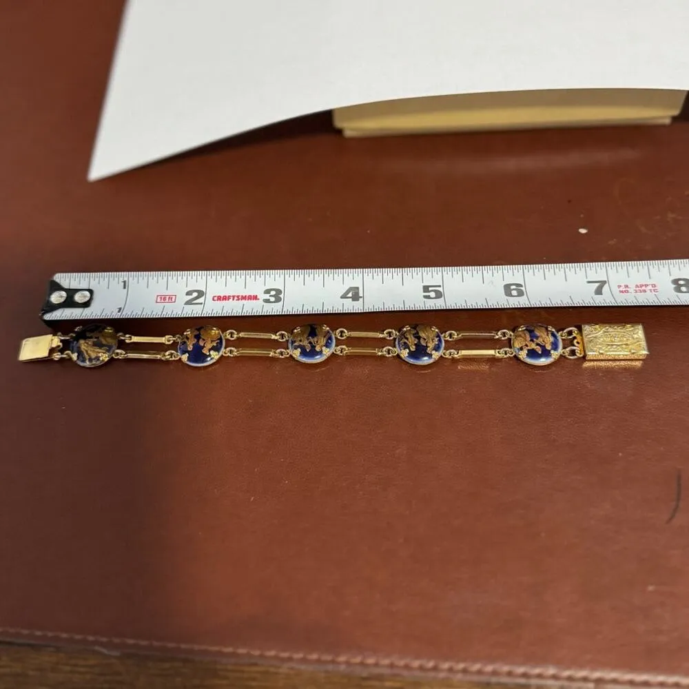 Vintage 30s Porcelain Courting Couples Transferware Cabochon Gilt Brass Bracelet Gold - Image 3