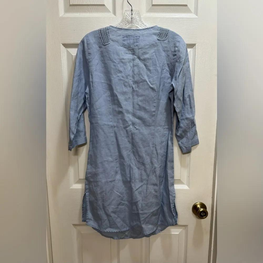 MALVIN I Love Linen Crochet Trim Tunic Mini Dress Top 3/4 Sleeve Coastal Sm 6 Blue - Image 3