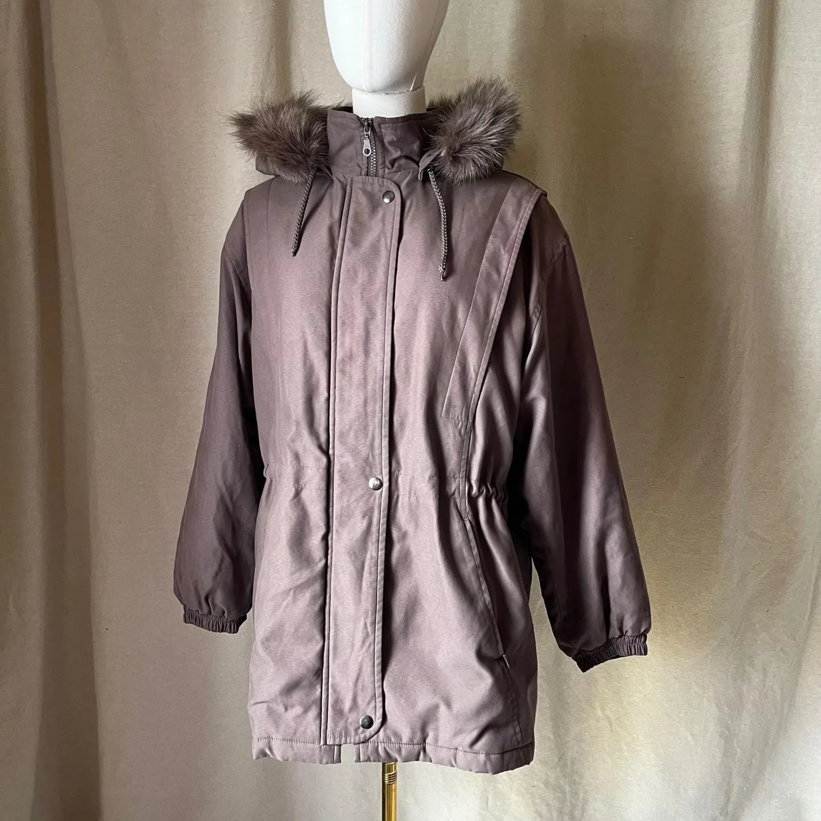 Vintage Mauve Taupe Parka Coat w/ Fox Fur Hood Trim Bromley Sport Thermolite M Brown Size M - Image 3