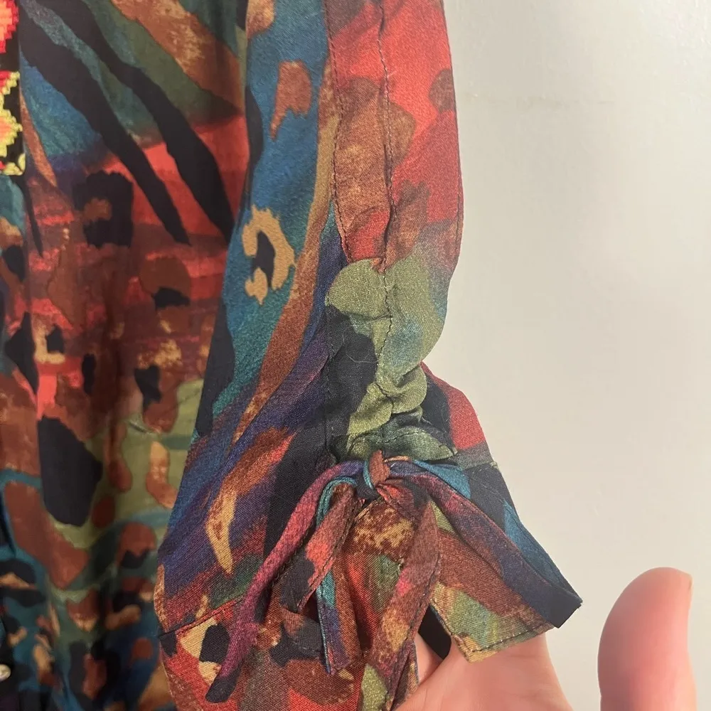 John Mark Woven Animal/Leaf Print Embroidered VNeck 3/4 Sleeve Button Front Midi - Image 8