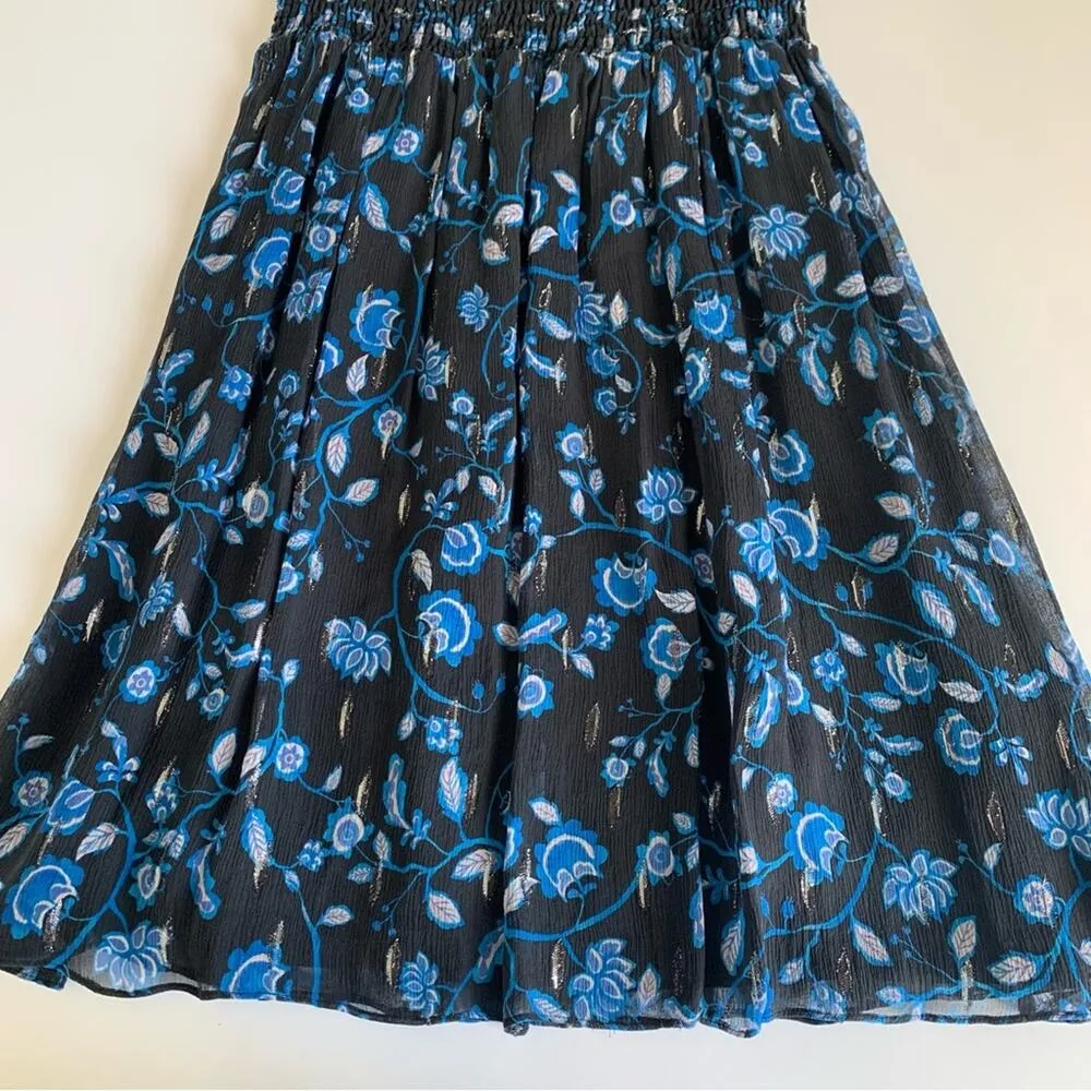 Rebecca Taylor Kyoto Sleeveless Black & Blue Floral Print Metallic Smocked Dress - Image 8