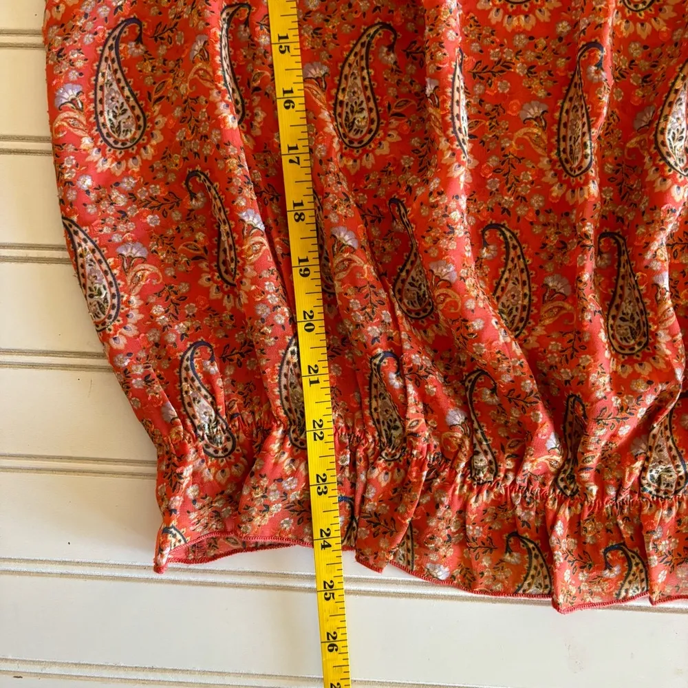 DR2 Sheer Orange Floral Paisley Ruffled Trim Peasant Blouse size M Size M - Image 9
