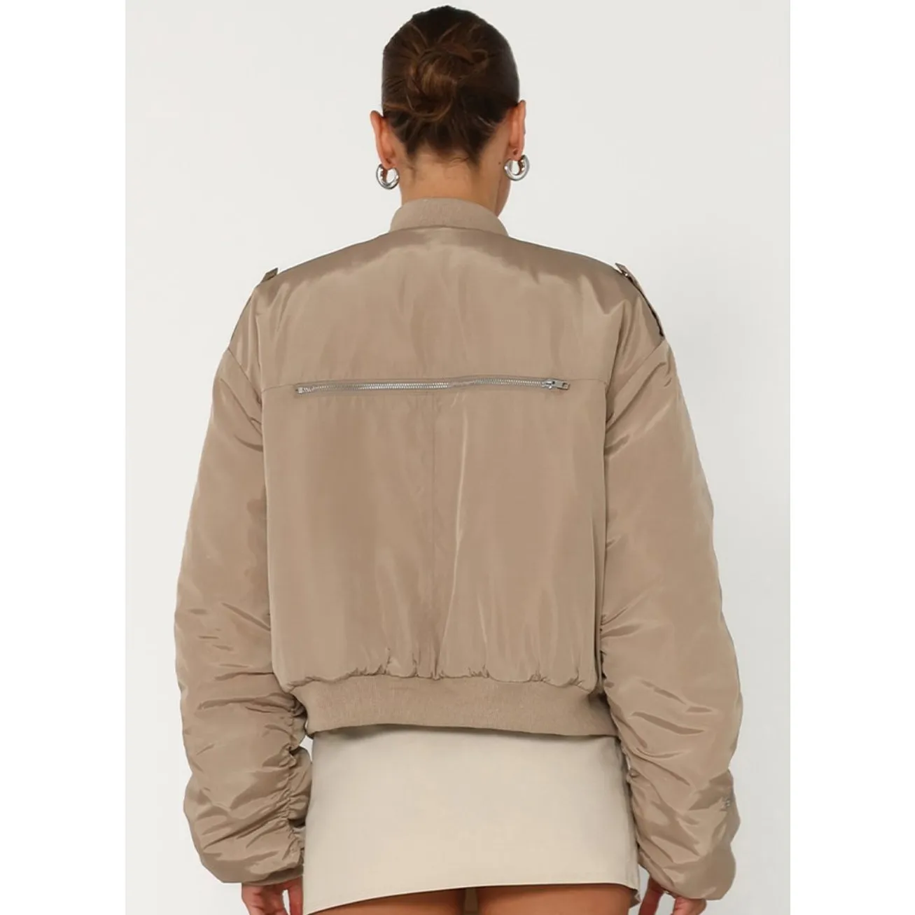 BY.DYLN Kai Bomber Jacket in Mushroom. Size M. Tan Size M - Image 2