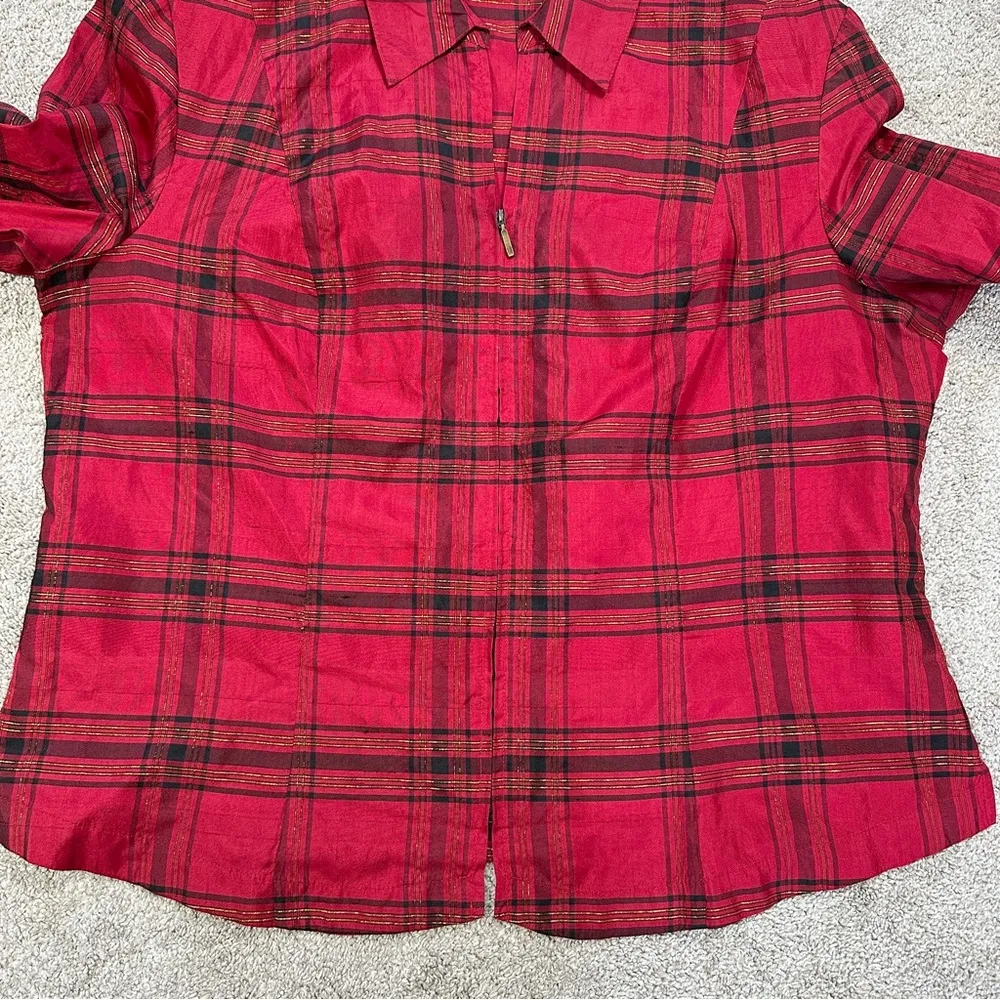 Coldwater Creek Women’s Silk Blend Plaid Tartan Full Zip Longsleeve Top Red XL - Image 4
