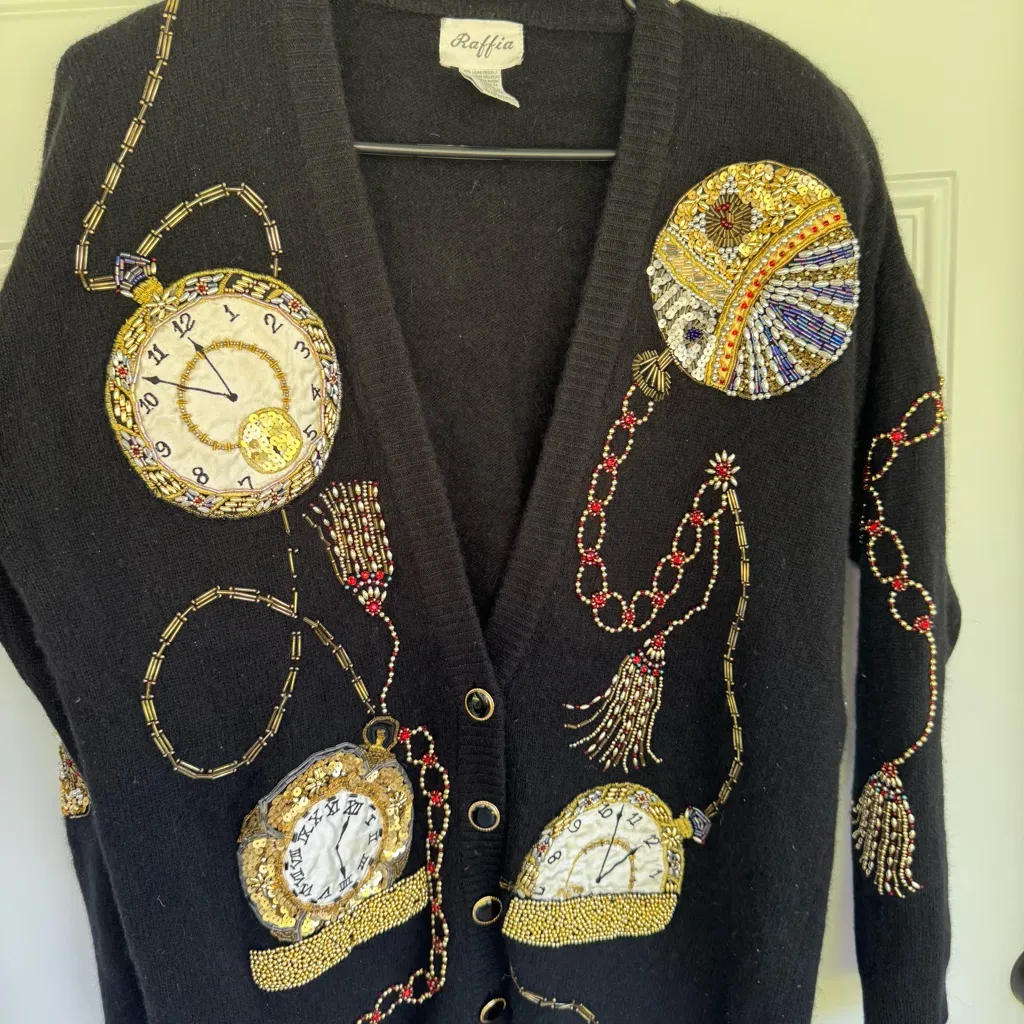 Vintage Raffia Angora Lambswool Cardigan Sweater Black Size M - Image 2