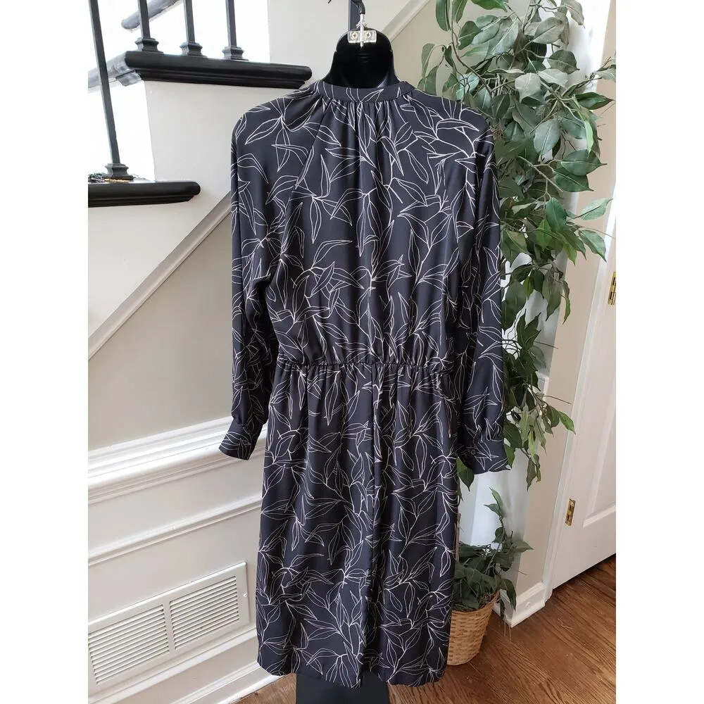 A New Day Shirt Dress Women M Black White Leaf Print Long Sleeve Button Casual - Image 8