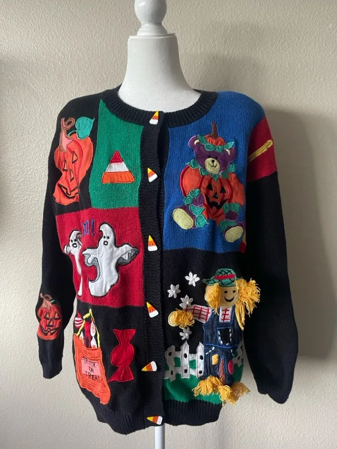 Gladys Bagley Vintage Halloween Cardigan – Pumpkin Patch Teddy Bear, Ghosts SZ L Black Size L - Image 1