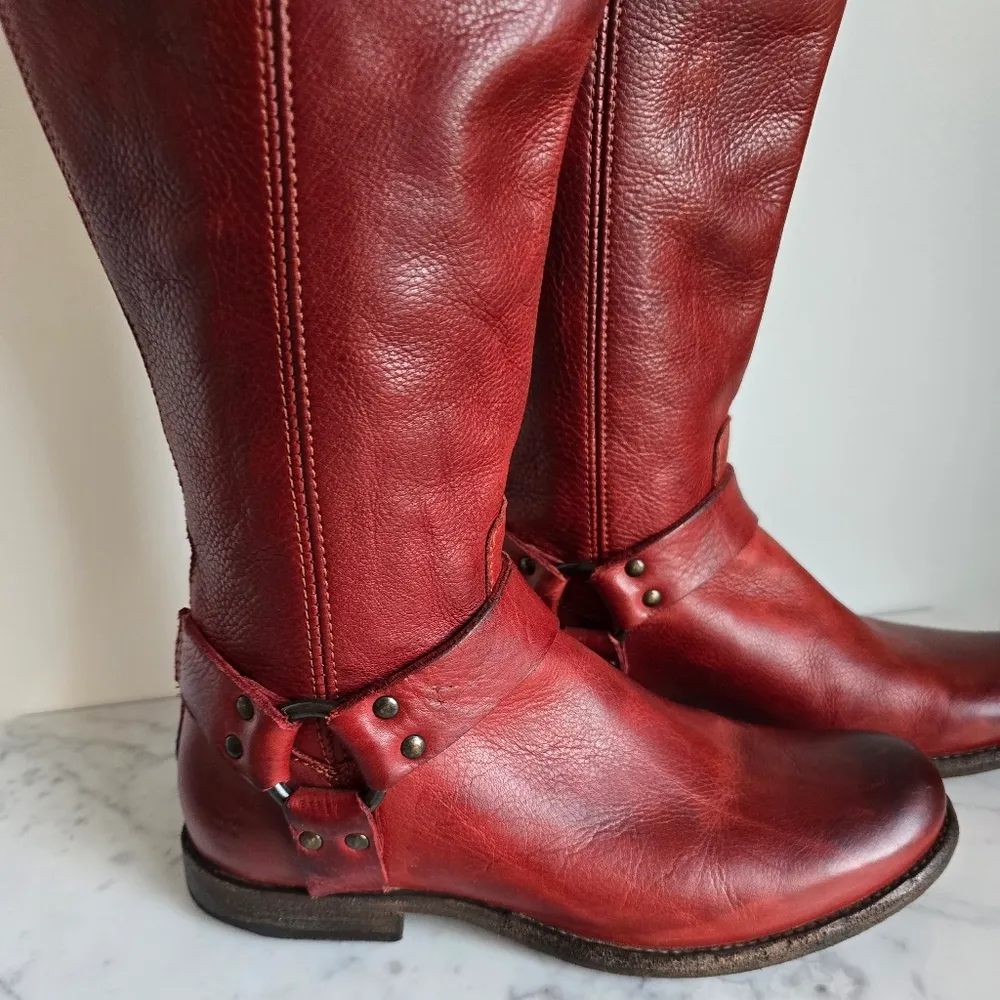Frye, Phillip Harness Boots Red Burgundy Tall Leather Western Boot, Size 8.5 - Image 3
