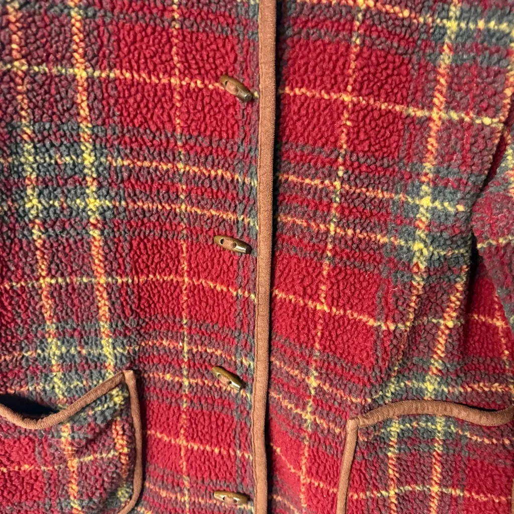 ORVIS Teddy Sweater Fleece Women XL Red Tartan Plaid Texture Button Front Pocket - Image 5