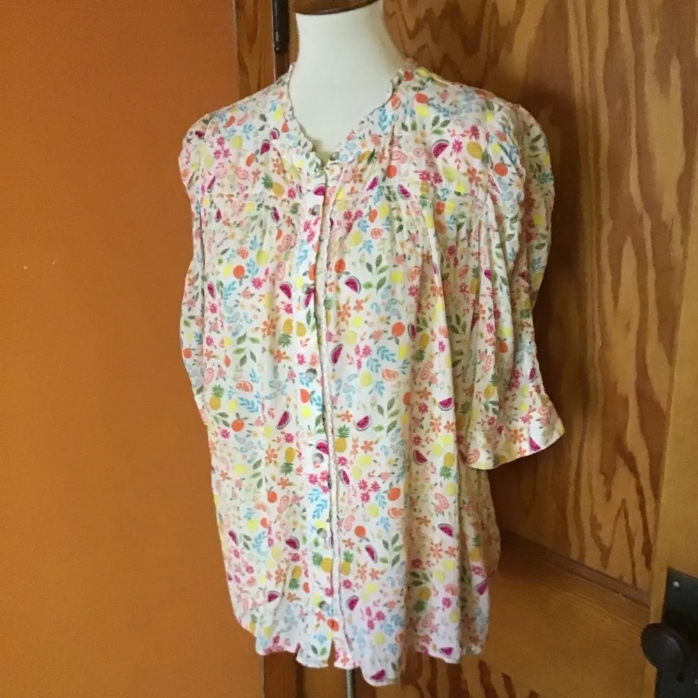 Democracy Floral Fruit Print Button Front Blouse 3/4 Sleeve - Image 10
