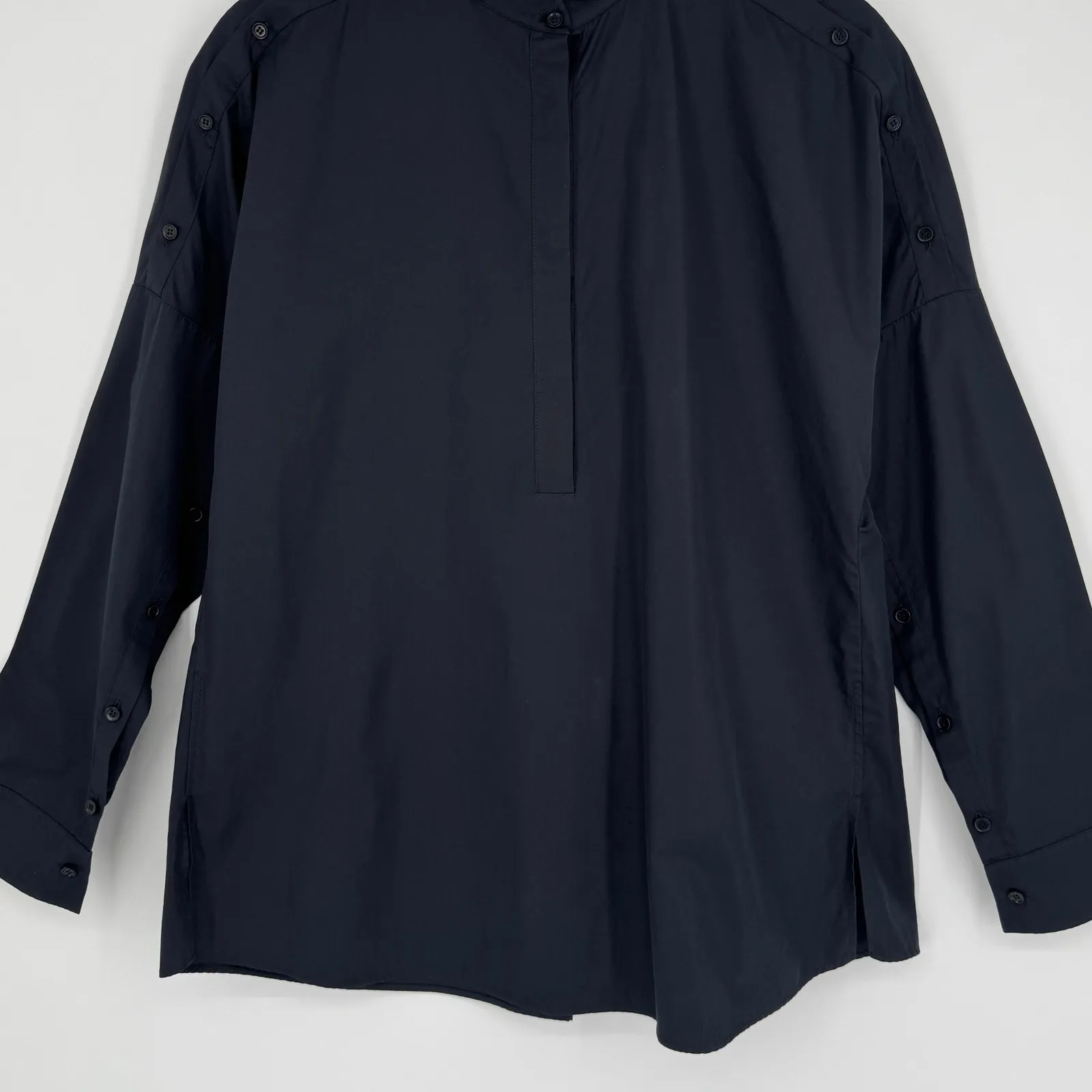 Akris Punto Button Shoulder Blouse Size 8 Black Minimalist Modern Chic Elevated - Image 7