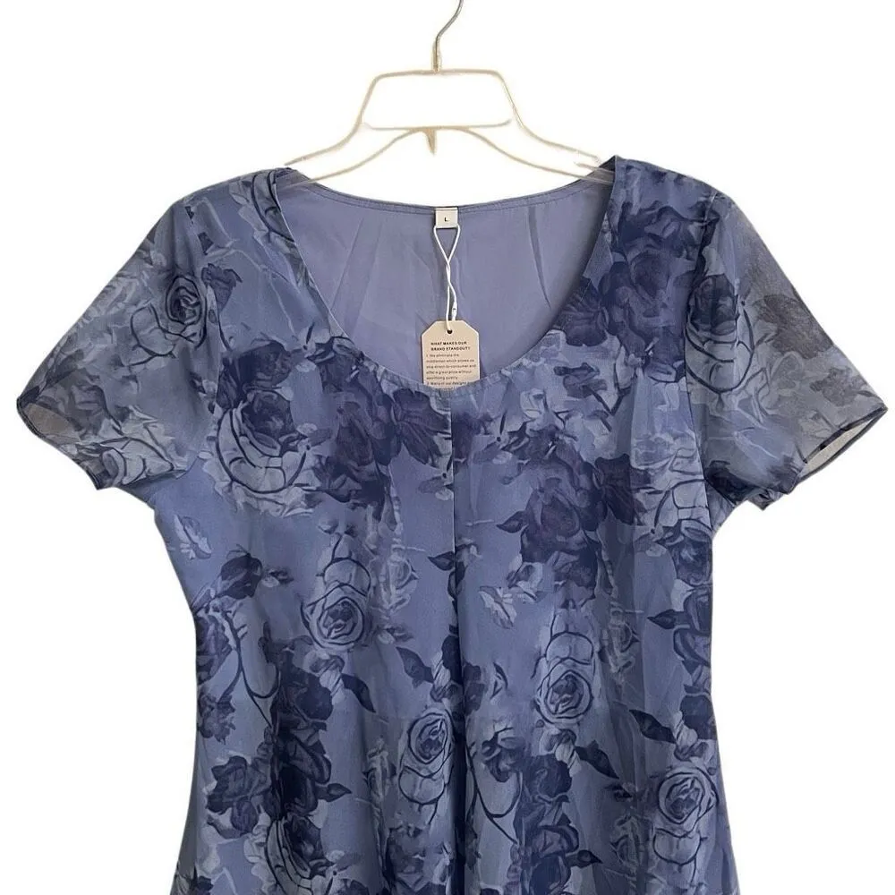 Unbranded fresh blue floral pullover dress women’s L asymmetrical round neck NEW Size L - Image 4