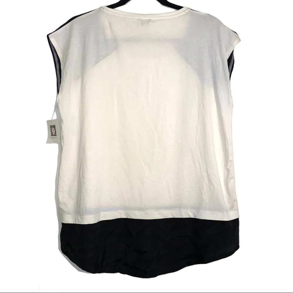 NEW Anne Klein Colorblock Black Cream Short Sleeve Top LARGE Zipper Logo Accents - Image 2