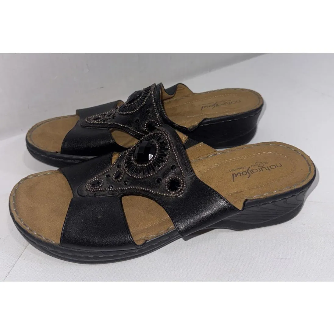Natural Soul Black Wedge Beaded Sandals Slip on Shoes All Thru Comfort 11M Size 11 - Image 5