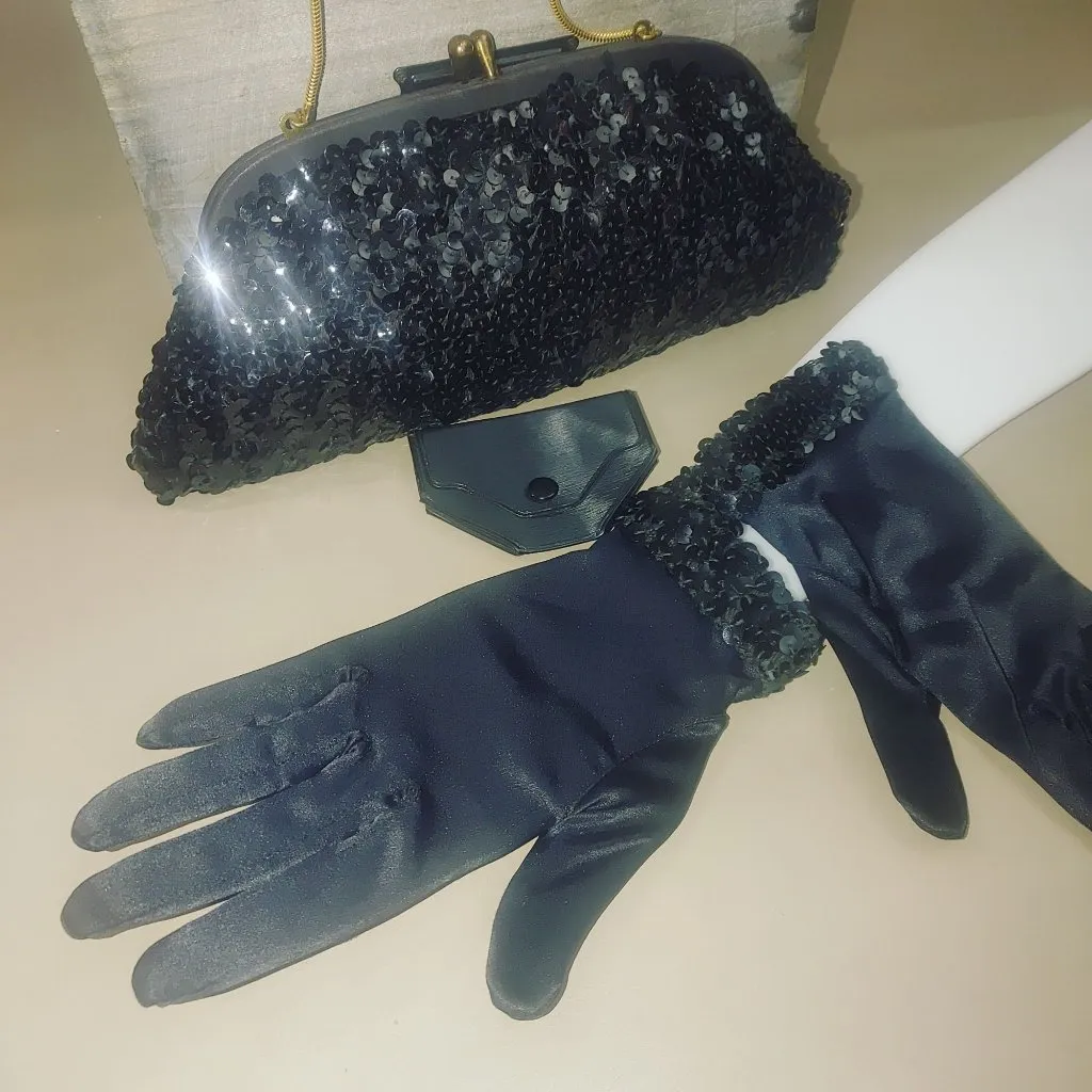 Small Black Sequin Evening Clutch Bag Kisslock Satin Spandex Gloves Set Vintage - Image 12