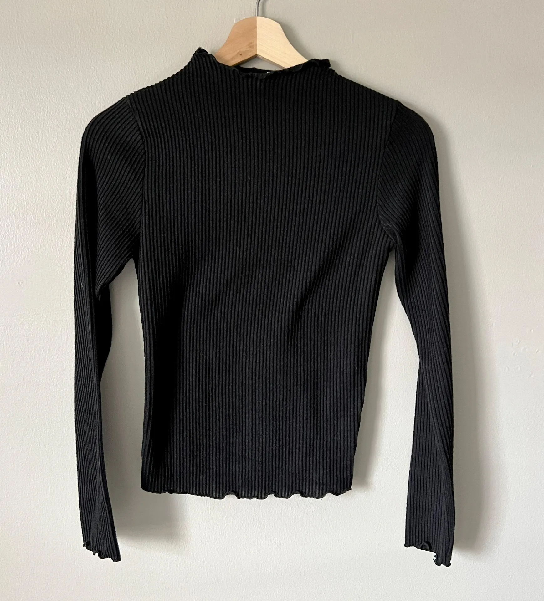 Caution to the Wind black ribbed lettuce hem turtleneck top - Image 2