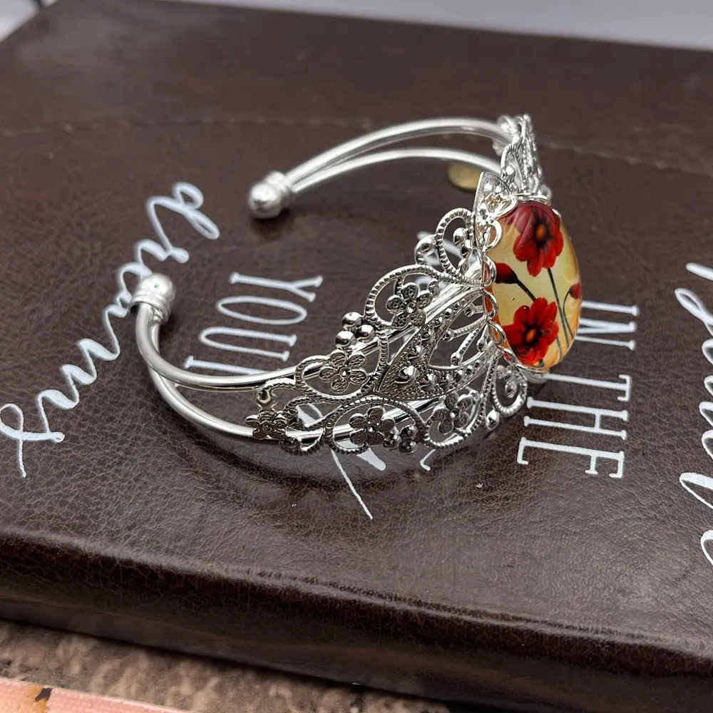 Red Floral Glass Cabochon Silver Filigree Cuff Bracelet - Image 8