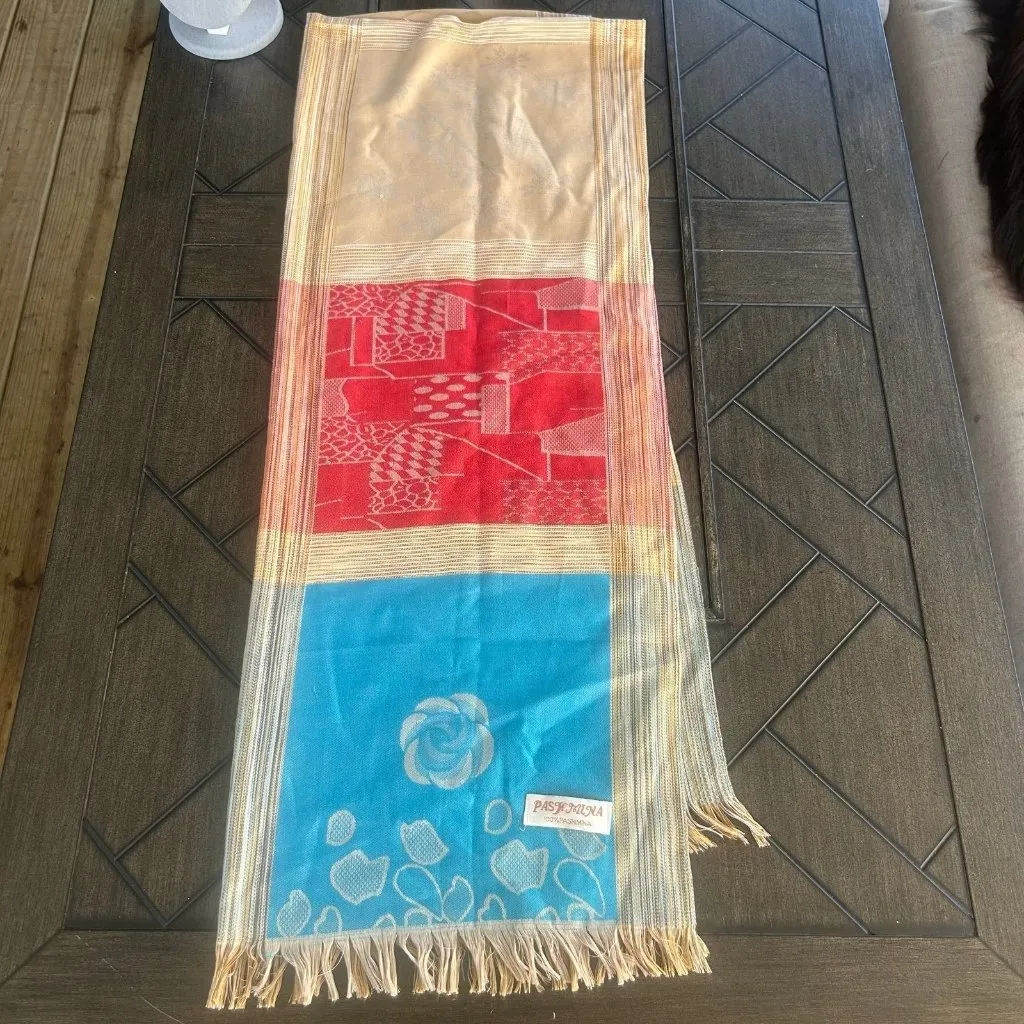 Ladies 100% Pashmina floral artsy printed scarf classic stunning red blue tan - Image 7