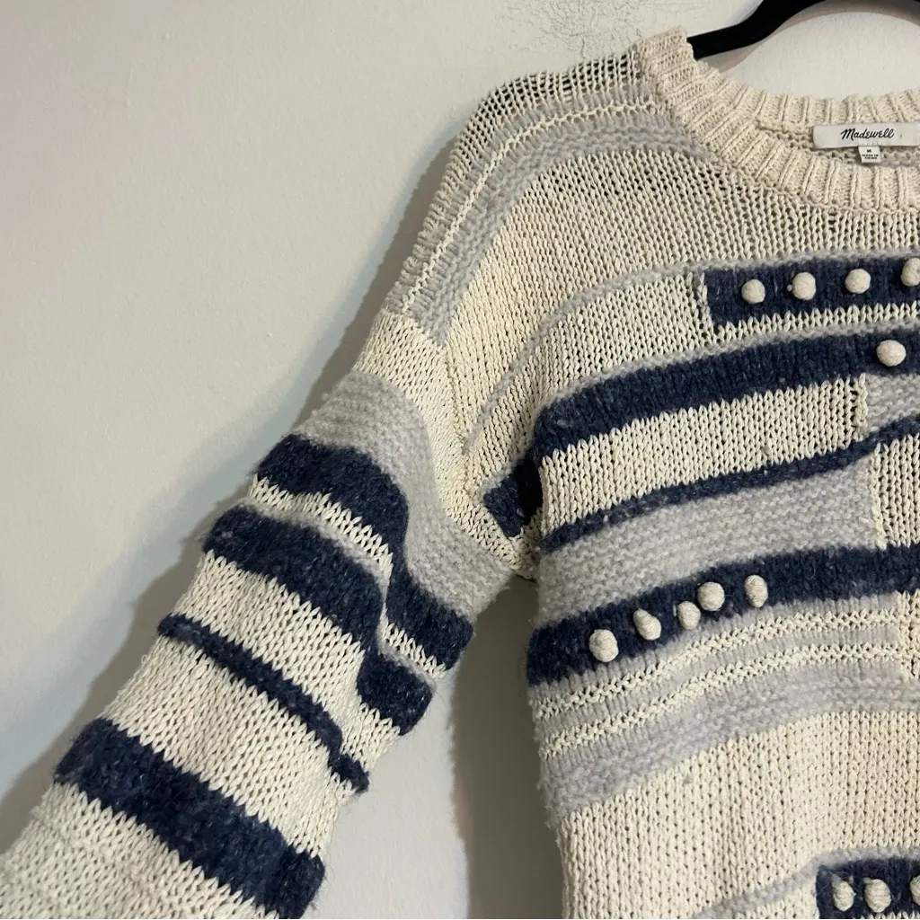 Madewell Grandover Bobble Pullover Blue White Sweater Size Medium - Image 4