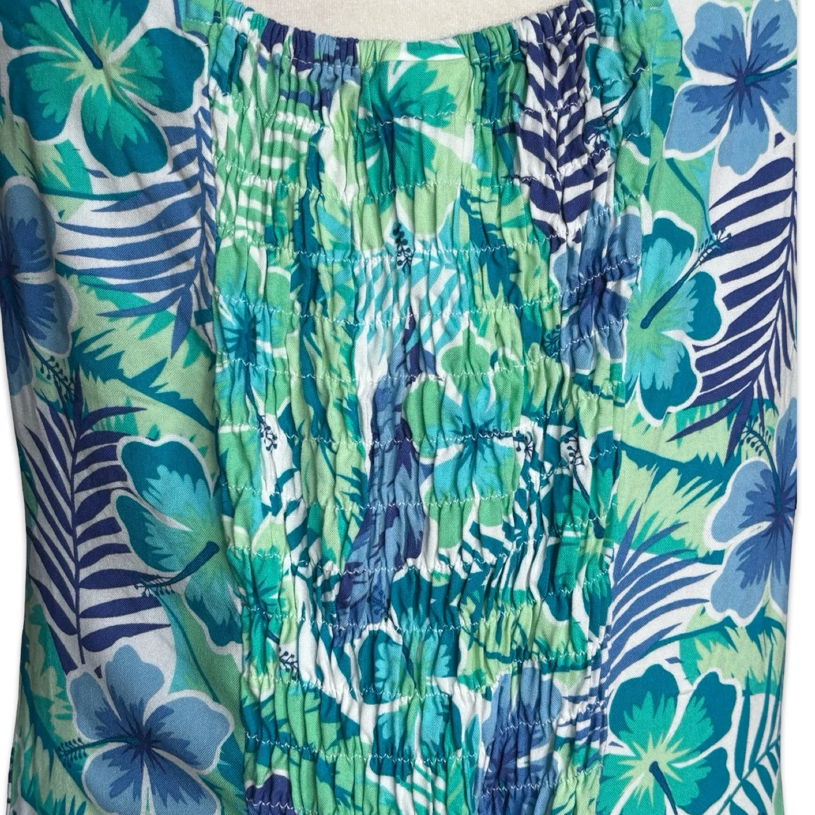 Vintage Teal Tropical Floral Maxi Dress Sleeveless Button Front Rayon Vacation Blue - Image 9