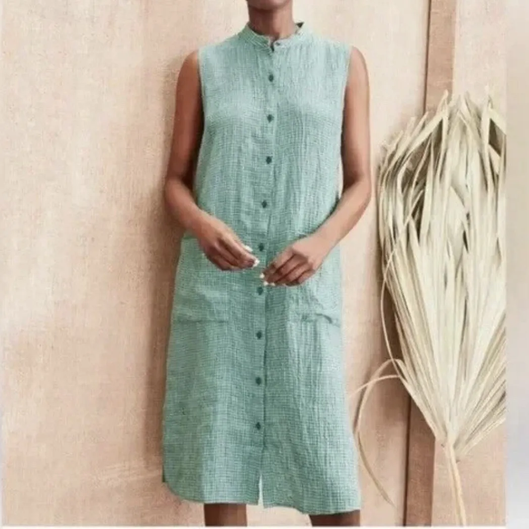 Eileen Fisher AMAL Organic Linen Mandarin Collar Tunic Dress Cottage Core Sz S - Image 2