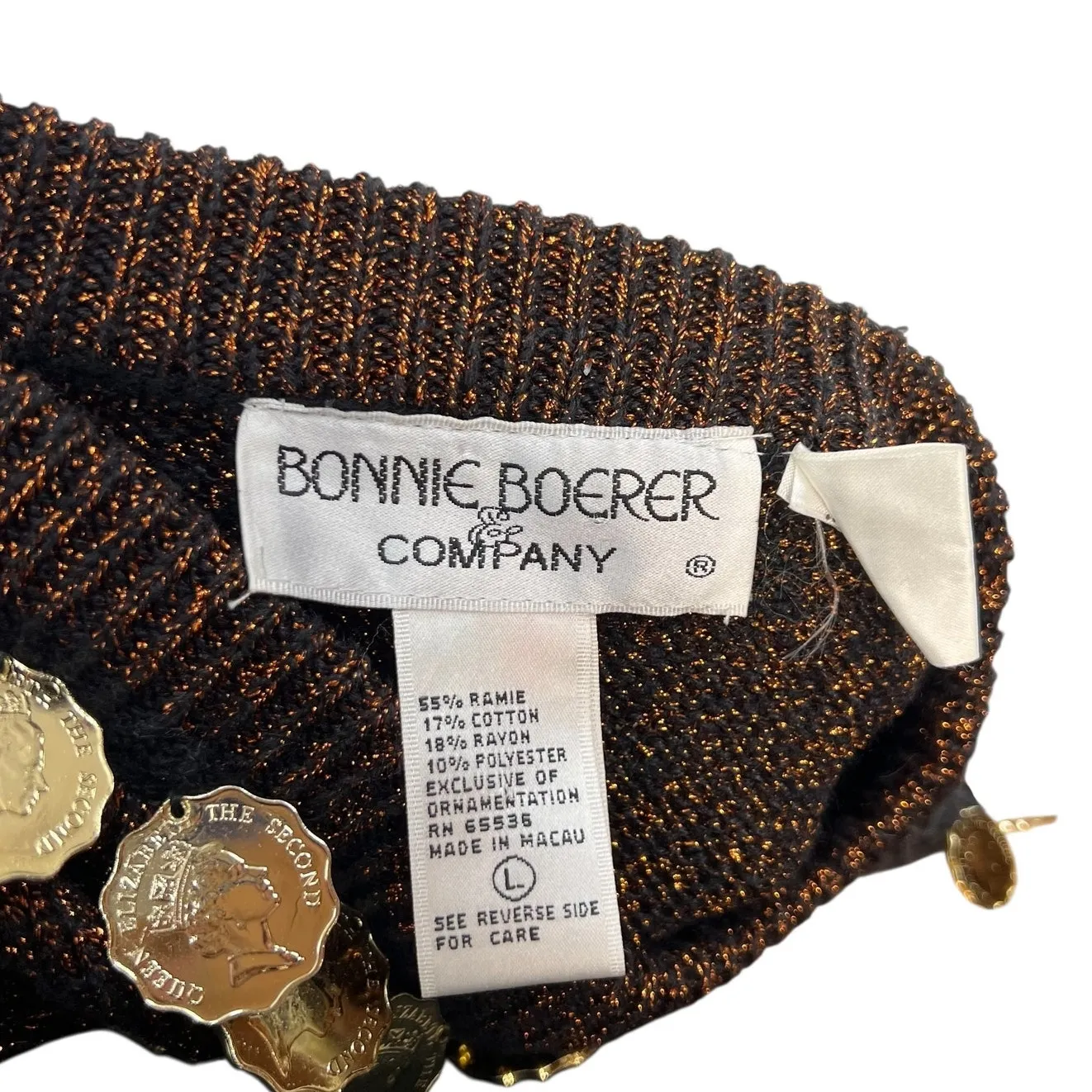 Bonnie‎ Boerer Vintage Sweater Coin Trim Metallic Glitter Gold Size Large - Image 8