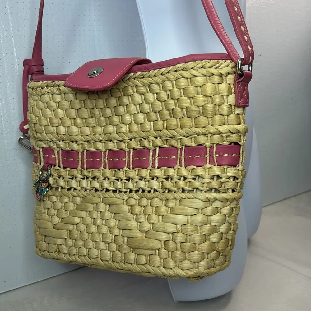 Brighton RETIRED Carmella Pink Woven Straw Shoulder Hand Bag Charms & Heart - Image 11