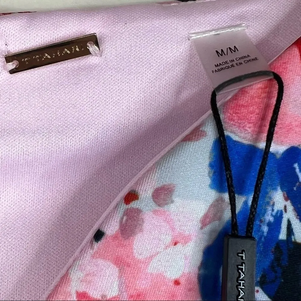 Tahari pink watercolor floral scuba V neck cap sleeve midi sheath dress M NEW - Image 10