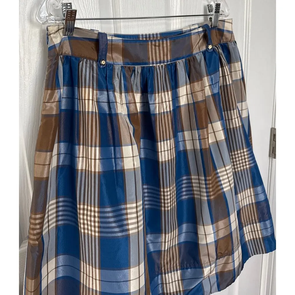 J. Crew Collection blue plaid pleat silk taffata skirt Fleur De Lis accents 10 - Image 9