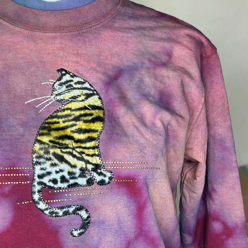 Vintage 90's Top Stitch Morning Sun Double Collar Sweatshirt Velvet Cat Leopard Purple Size M - Image 6