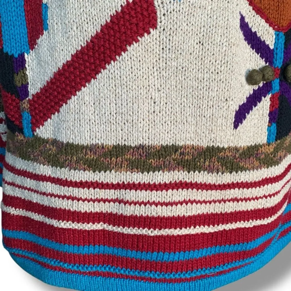 Vintage 90s Abstract Knit Sweater Oatmeal Bold Graphic Oversized Loose Weave Blue Size XL - Image 5