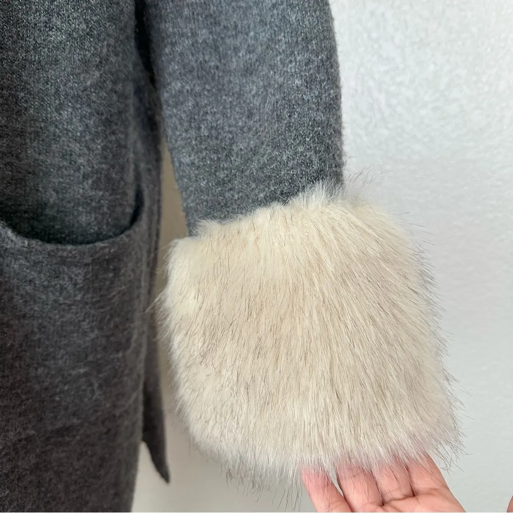 Patrizia Luca Milano Wool Blend Gray Hooded Faux Fur Cuffs Cardigan, Size XL - Image 4