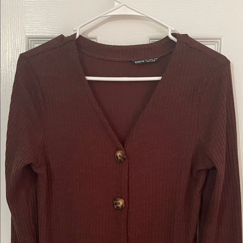 SHEIN Chocolate Brown Boho Long Sleeve Button-Down Sweater Dress - Image 2