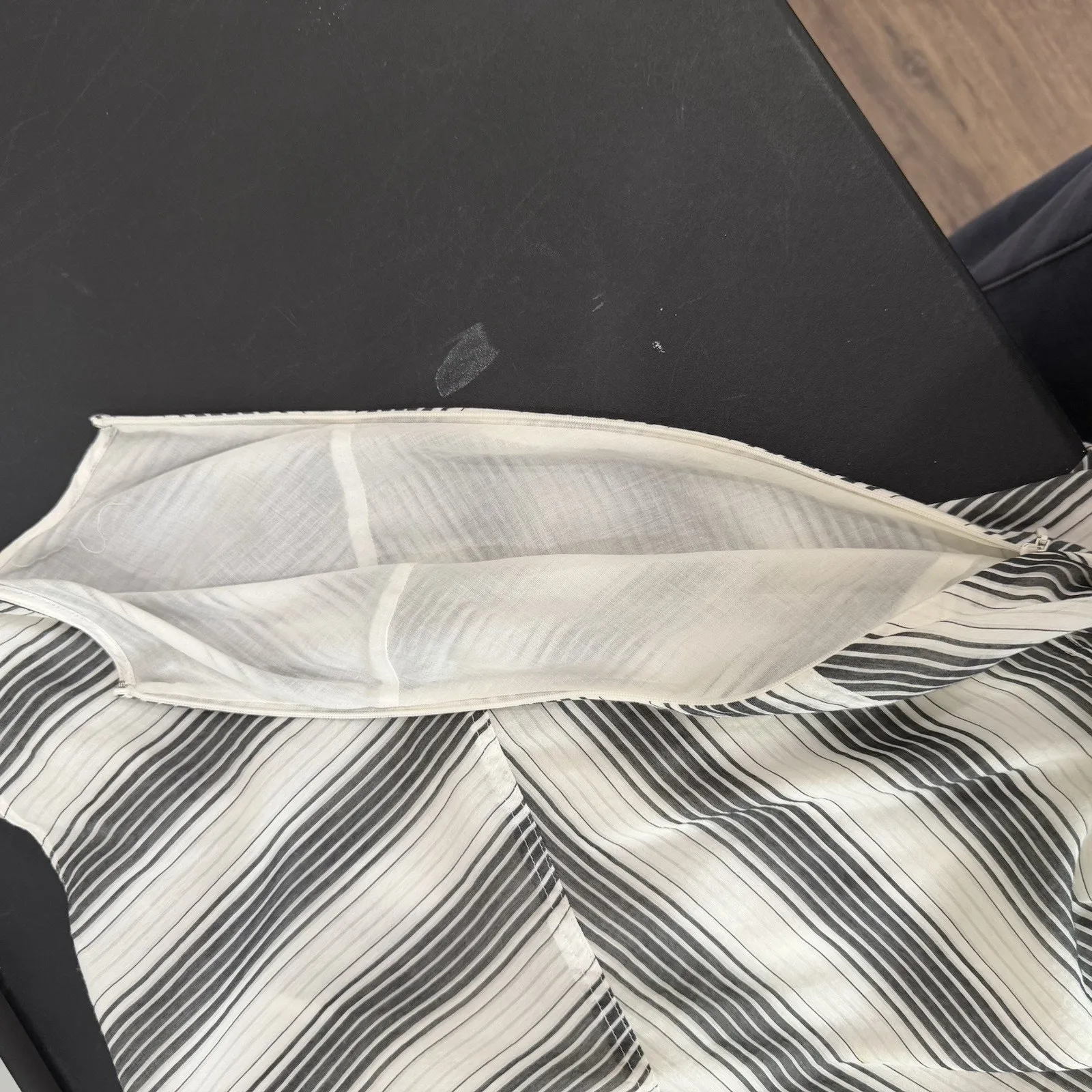 THEORY Sz 6 Dress Summer Athens Asymmetrical Spaghetti Strap Striped Ivory Black - Image 8