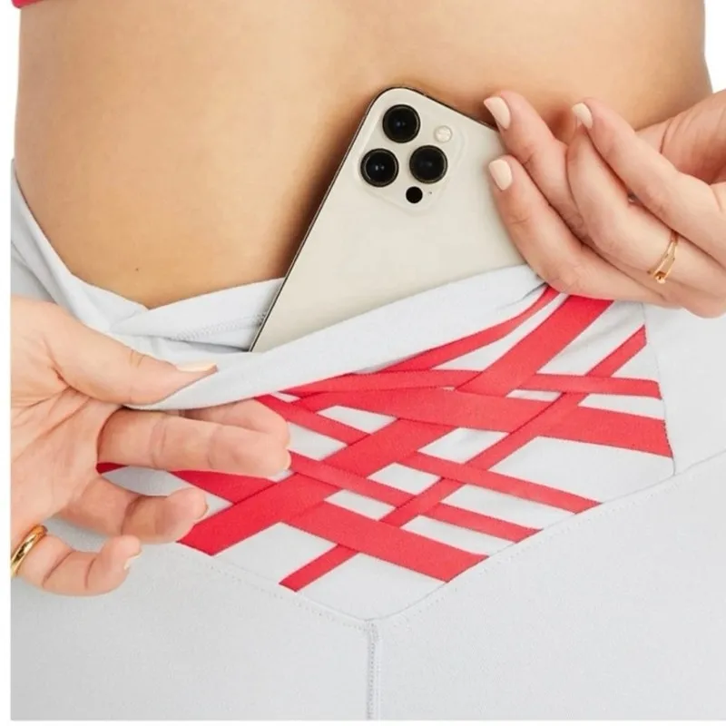 NWT Fabletics‎ 7/8 Powerhold Leggings Women Large Stone Grey Red Details - Image 3