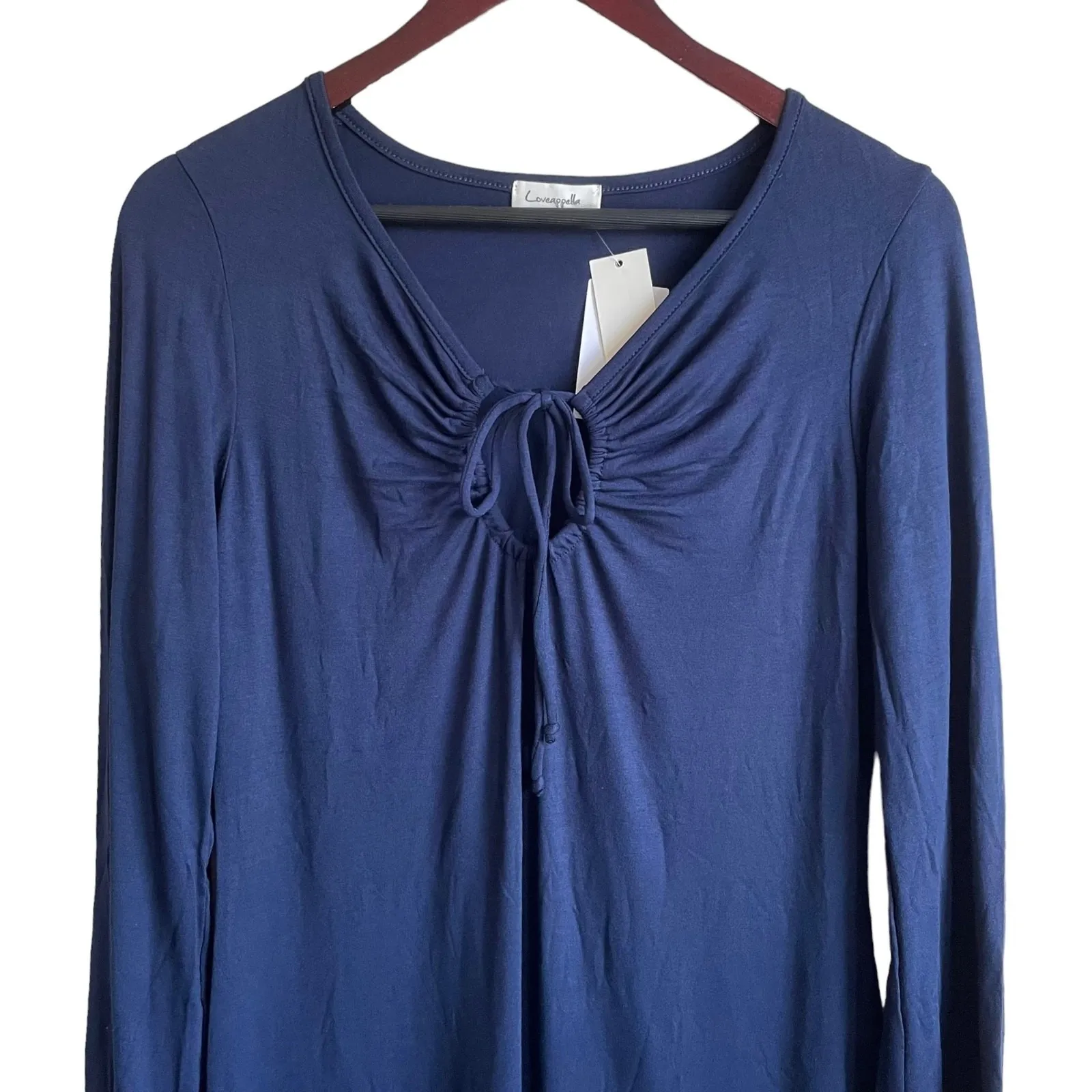 Loveappella Women Mini Dress M Navy Tie Keyhole Jersey‎ Minimalist Modern NEW - Image 3