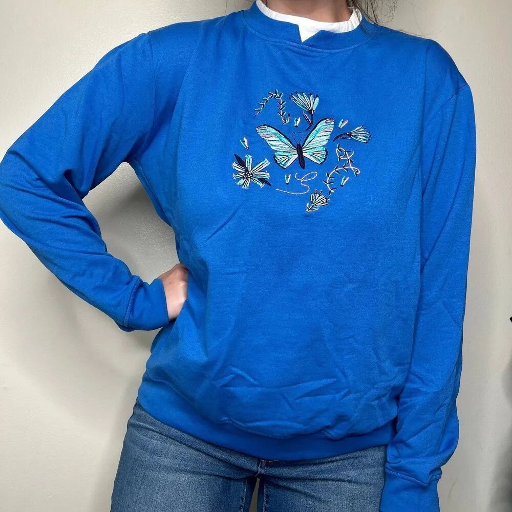 New Y2K 2000 embroidered butterfly grandma flowers floral blue sweatshirt M - Image 3