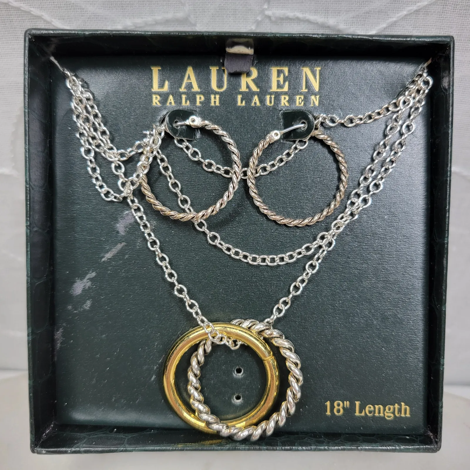 VTG Lauren Ralph Lauren Necklace & Hoop Earring Set NIB Silver Gold Tone 18" - Image 6