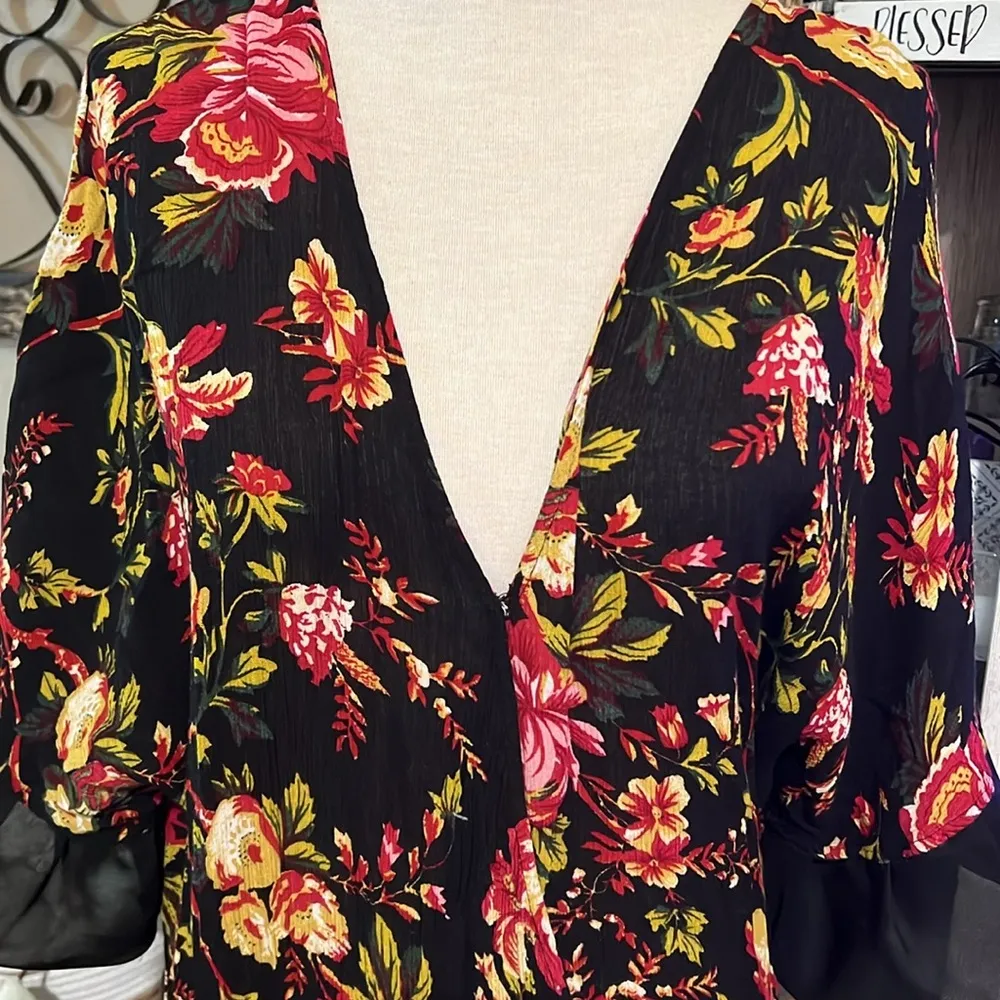 Umgee Jumpsuit L Black Floral Boho Cottagecore Romper Drawstring Waist + Pockets - Image 2